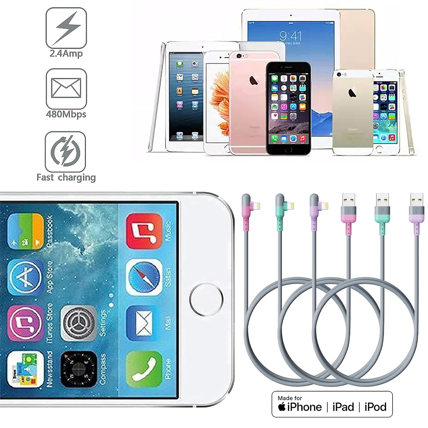 iPhone Charger 6ft Right Lightning Cable 3Pack,90 Degree Apple Certified Nylon Braided USB Fast Charging Cord for iPhone 14 13 12 11 Pro MAX Xs XR X 8 7 6S 6 Plus