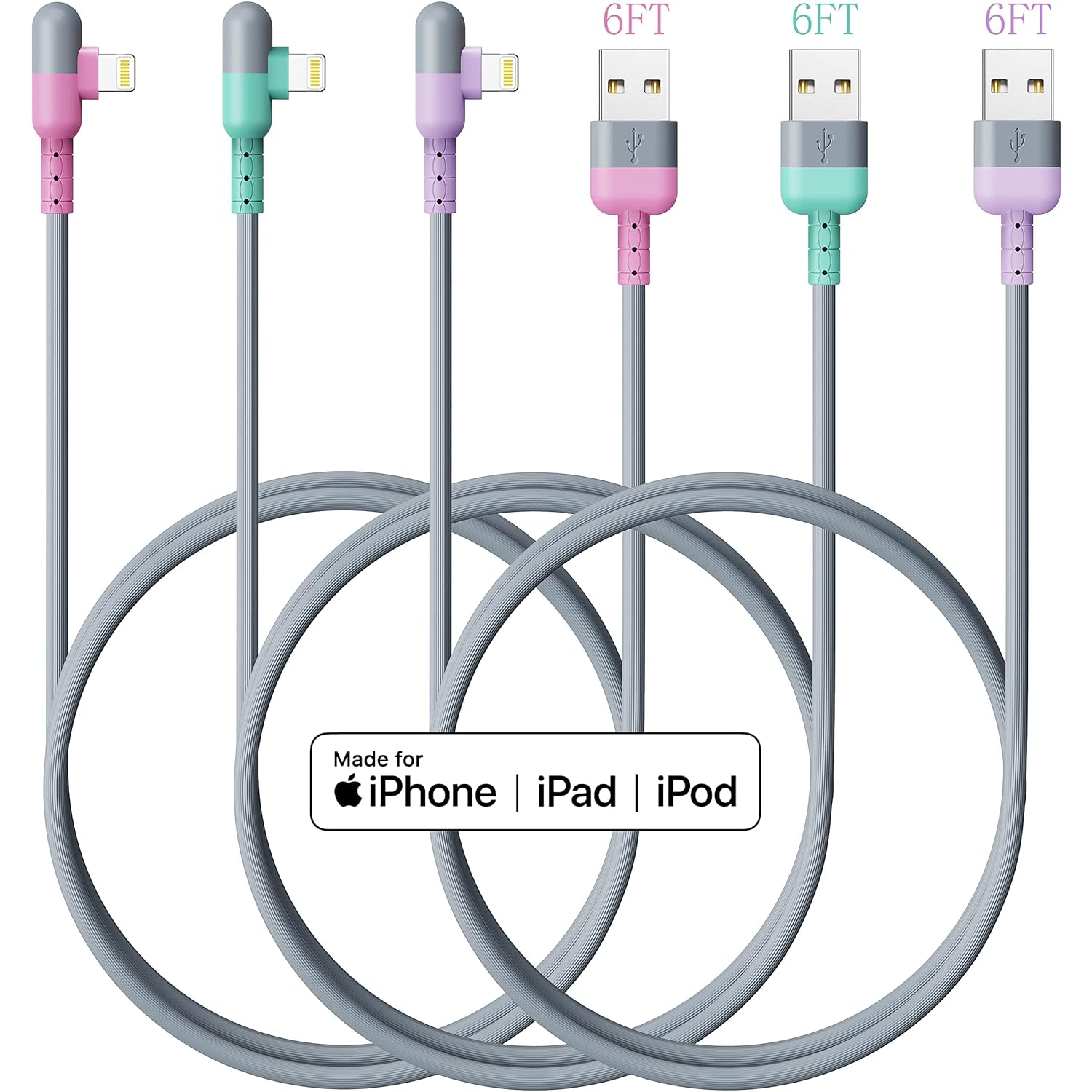 iPhone Charger 6ft Right Lightning Cable 3Pack,90 Degree Apple Certified Nylon Braided USB Fast Charging Cord for iPhone 14 13 12 11 Pro MAX Xs XR X 8 7 6S 6 Plus