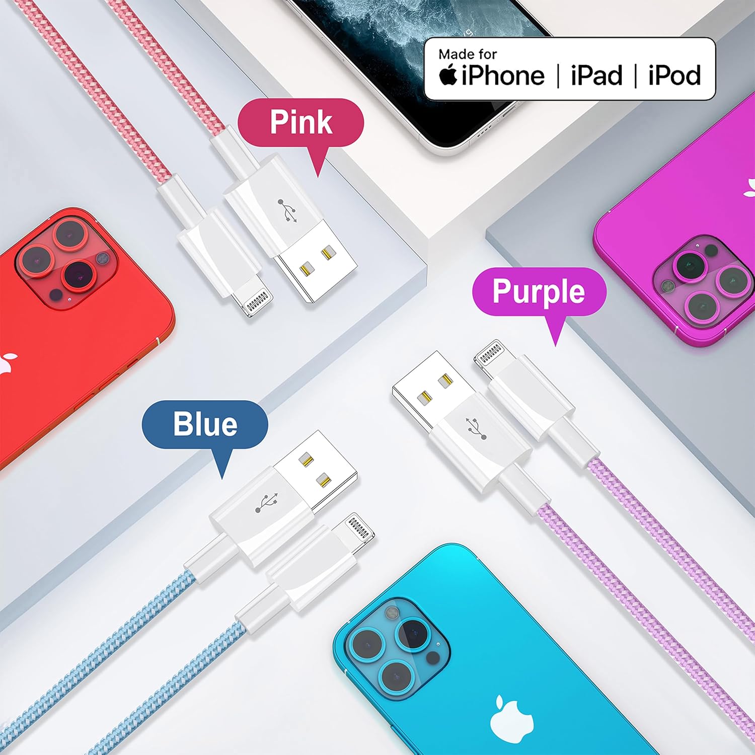 iPhone Charger 6ft Lightning Cable 4Pack, Apple Certified Nylon Braided USB Fast Charging Cord for iPhone 14 13 12 11 Pro MAX Xs XR X 8 7 6S 6 Plus