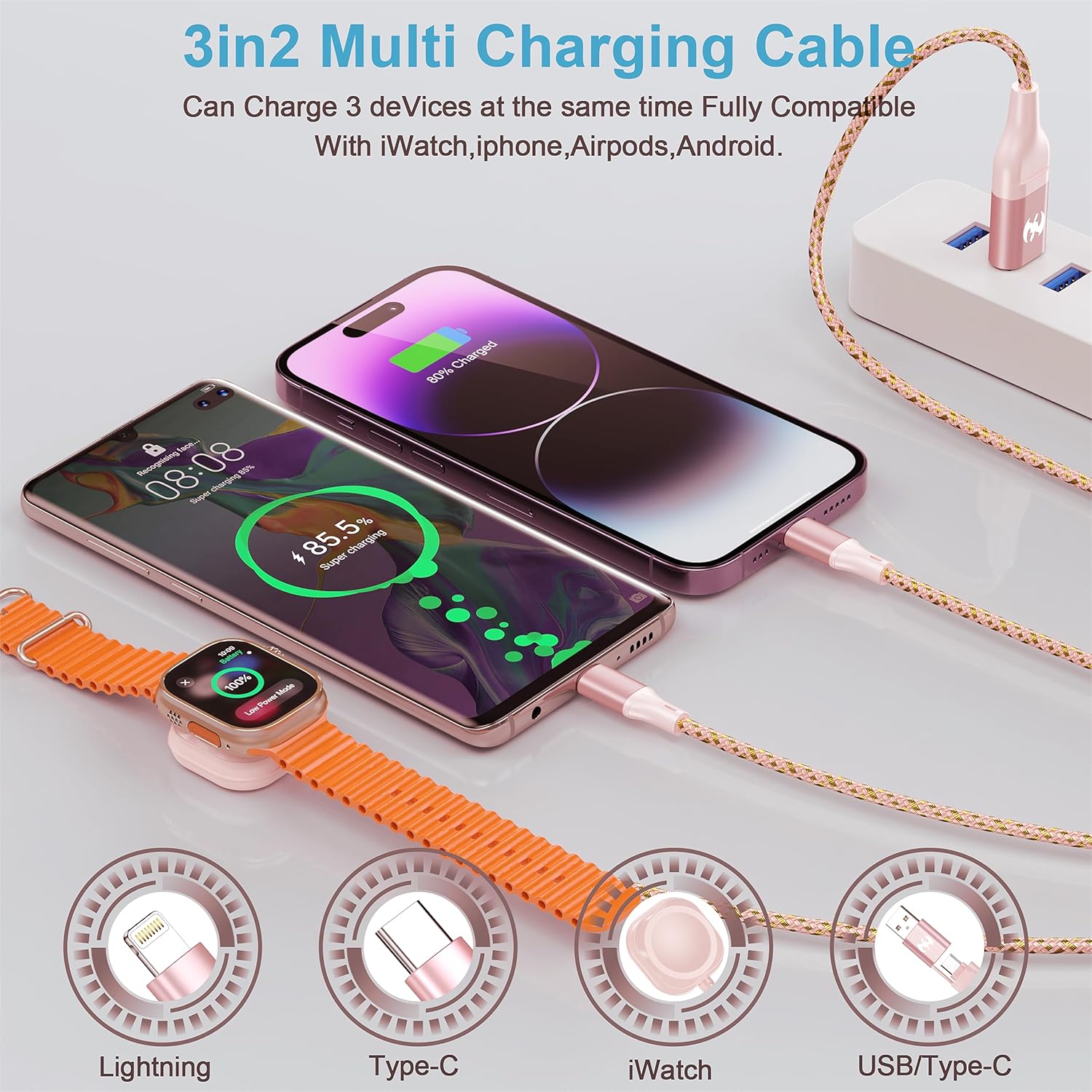 3 in 2 Multi Charging Cable,for Apple Watch Charger iPhone Watch Charger,4FT USB A/Type C/Lightning Cable for iWatch Ultra/SE/10-2,iPhone 16-5s,iPad,Android Phones