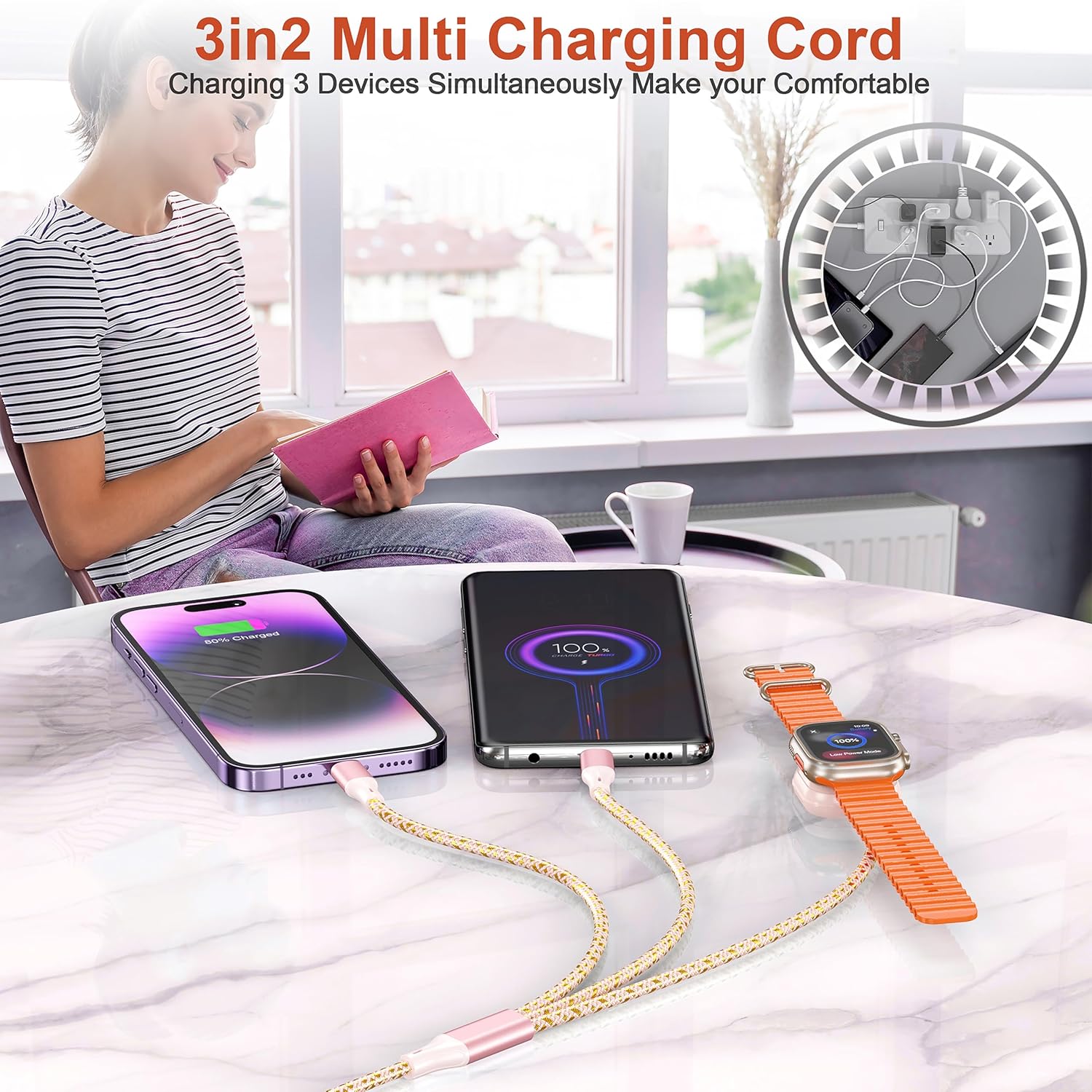 3 in 2 Multi Charging Cable,for Apple Watch Charger iPhone Watch Charger,4FT USB A/Type C/Lightning Cable for iWatch Ultra/SE/10-2,iPhone 16-5s,iPad,Android Phones
