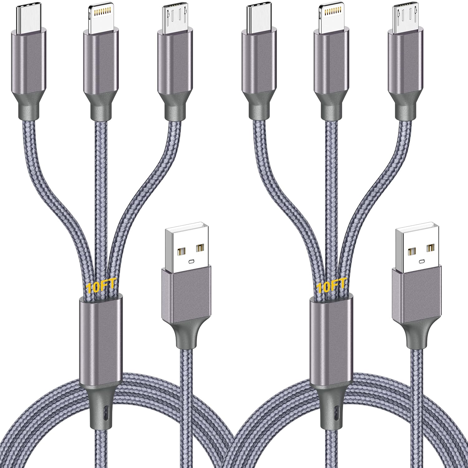 Multi Charging Cable (10ft 2Pack),3 in 1 USB Charging Cable for Multiple Devices,Braided Universal Phone Charger Cord with Type-C/Usb C,Micro USB,IP Port Lightning for iPhone17-5/Android Phones